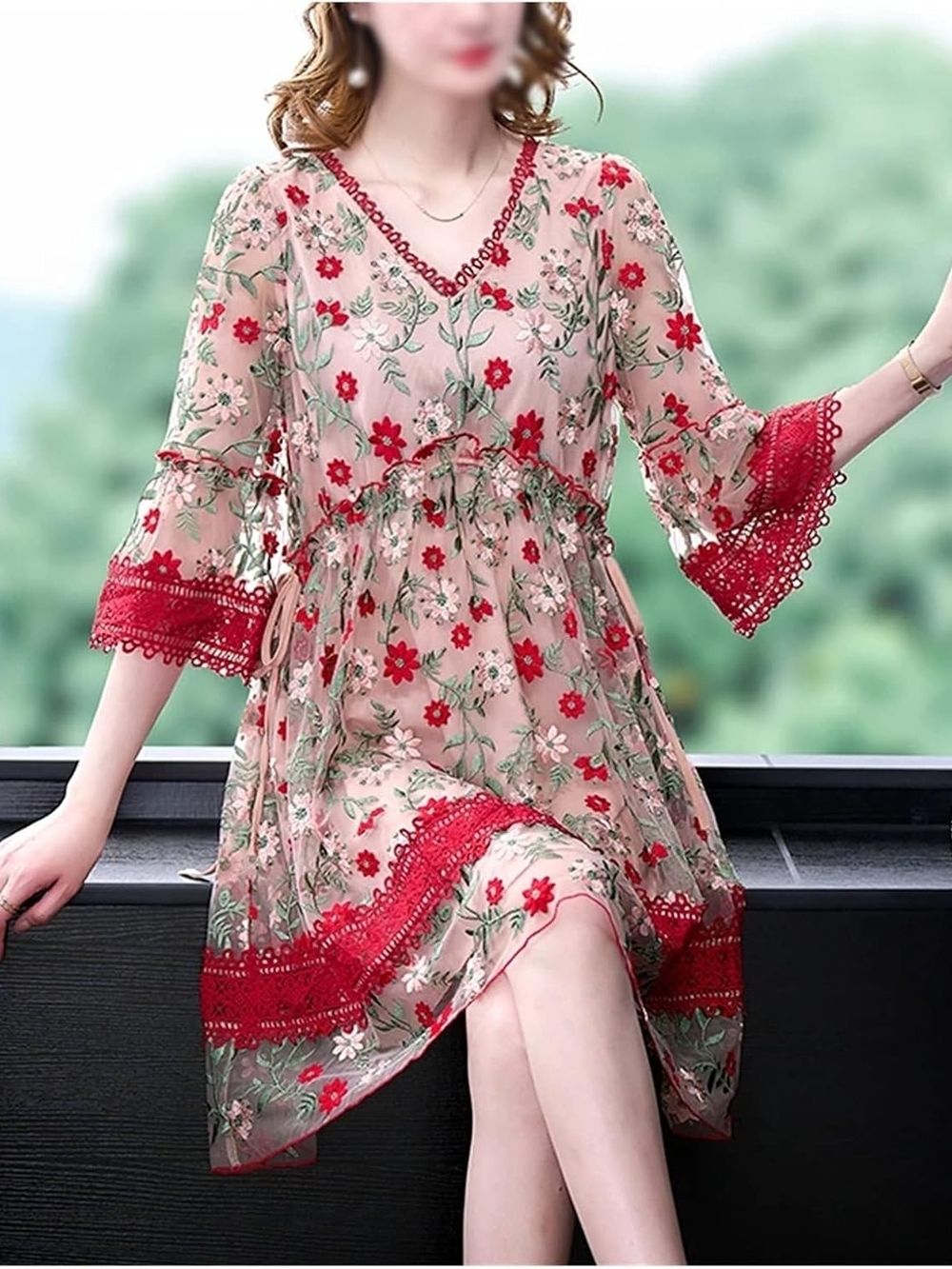 Red Floral Midi Dress with Lace-Trim V-Neck